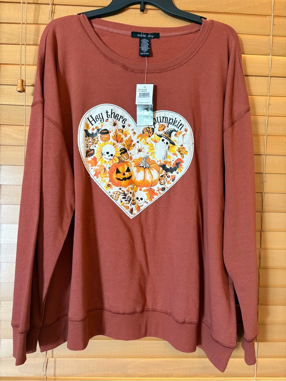Sable Sky NWT Women’s Rust Orange Pumpkin Heart Graphic Crewneck Sweatshirt 3X